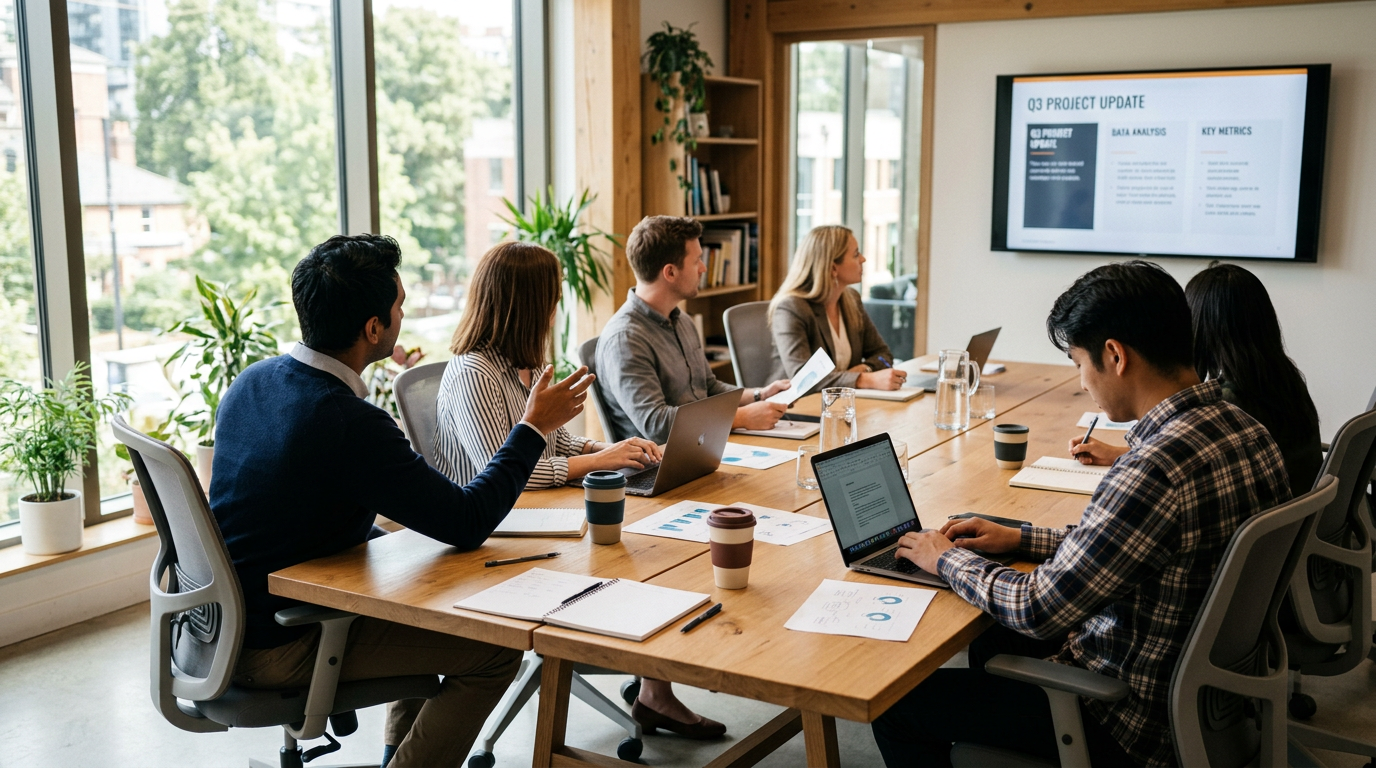 Six people sitting around a meeting table reviewing laptops and documents during a presentation on a screen