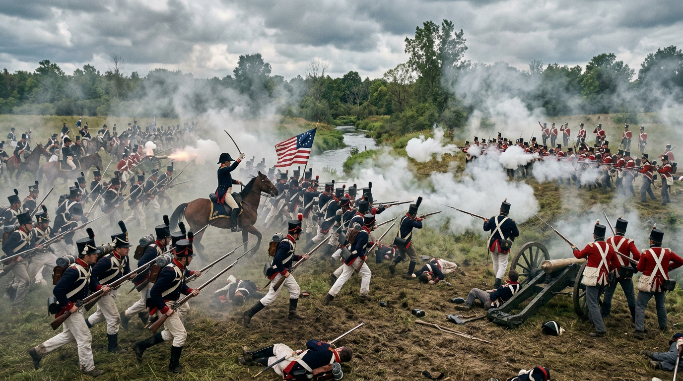 Soldiers in 19th-century uniforms engaging in a battle reenactment with muskets, cannon, and smoke
