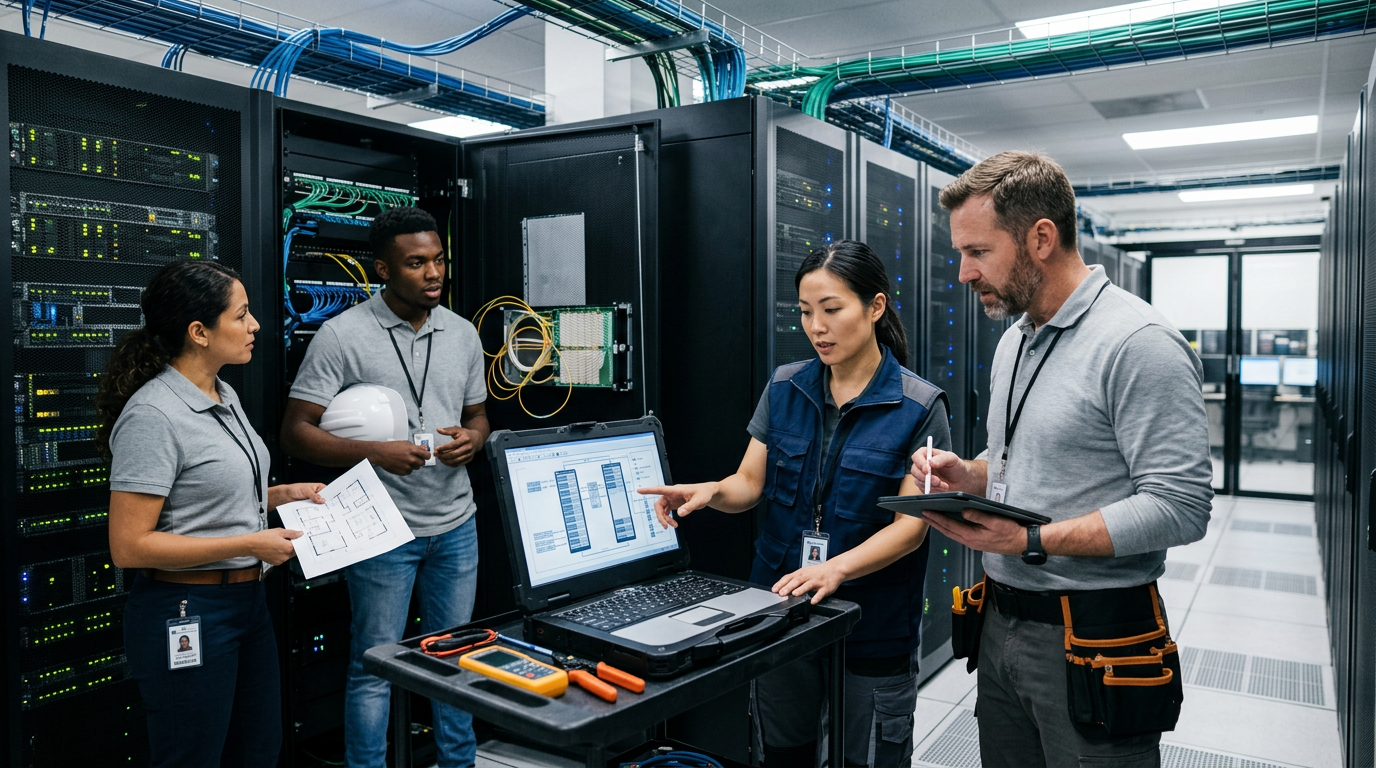 IT professionals discussing network diagrams next to server racks with laptop and tools
