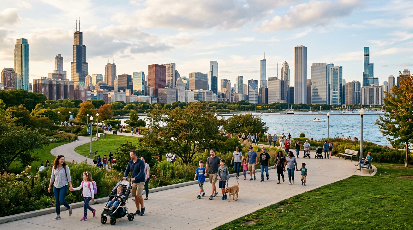 People walking, pushing strollers, and walking dogs on a park path with Chicago skyline in the background