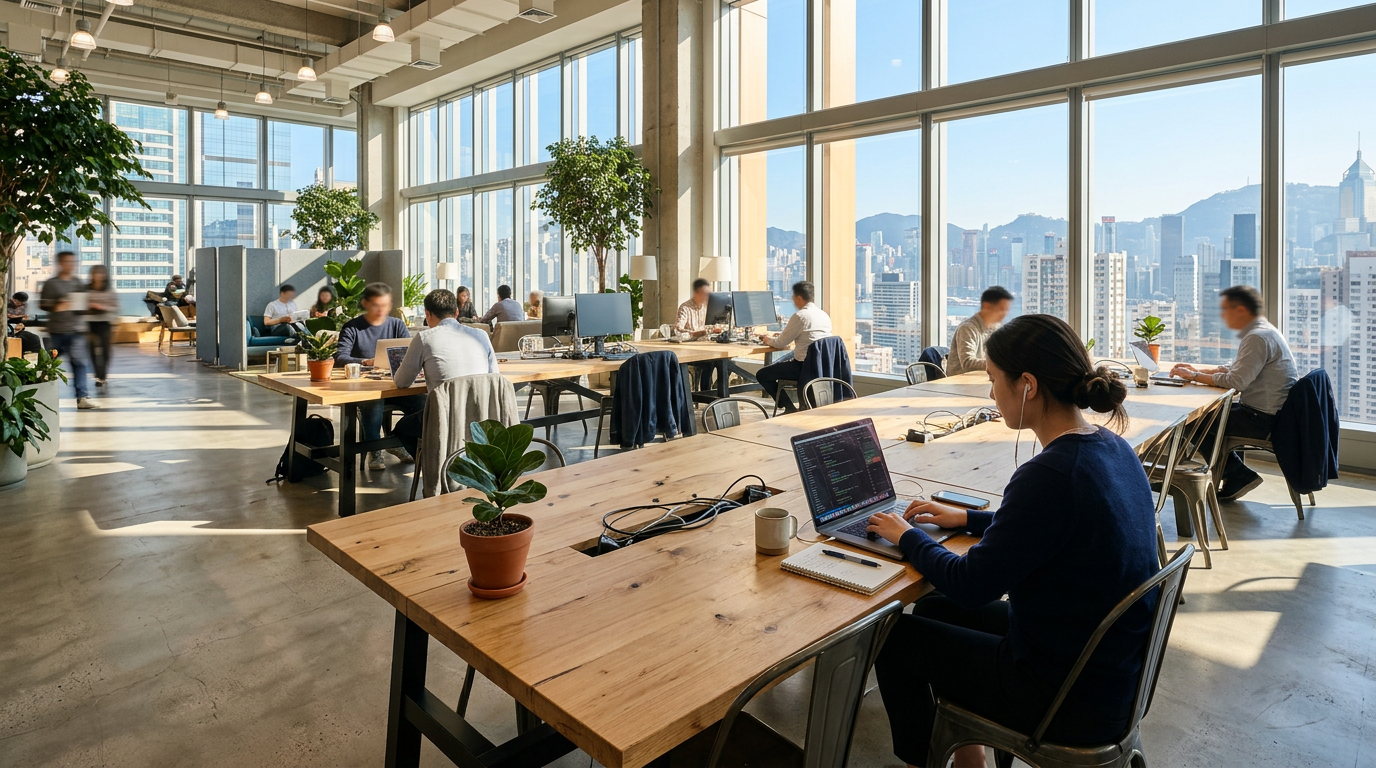Open coworking office with people working on laptops and desktop computers near large windows showing urban skyline.