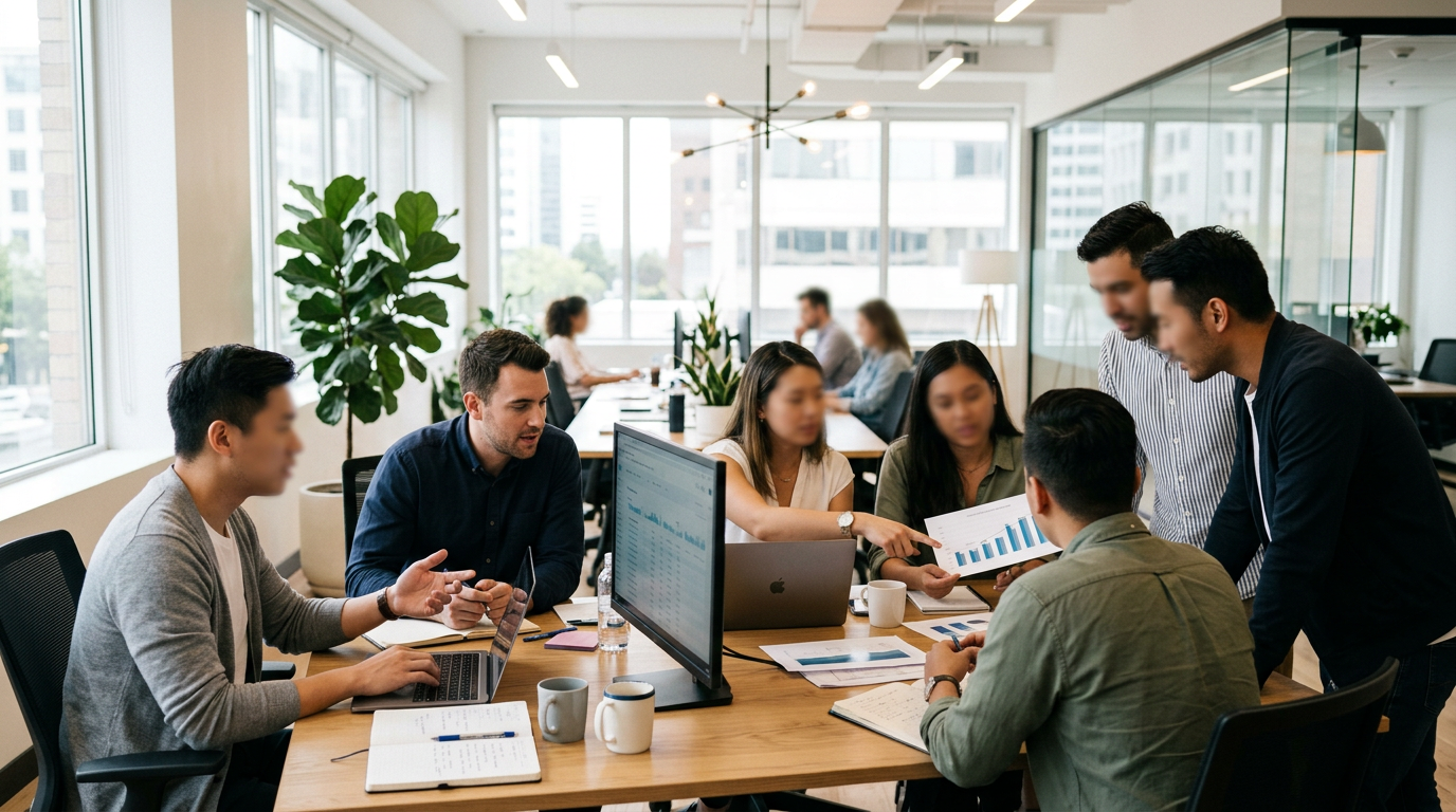 Team of six professionals discussing charts and graphs around a table in modern office