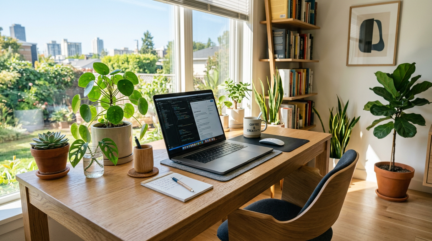 Home office desk with laptop, plants, coffee mug, and notebook