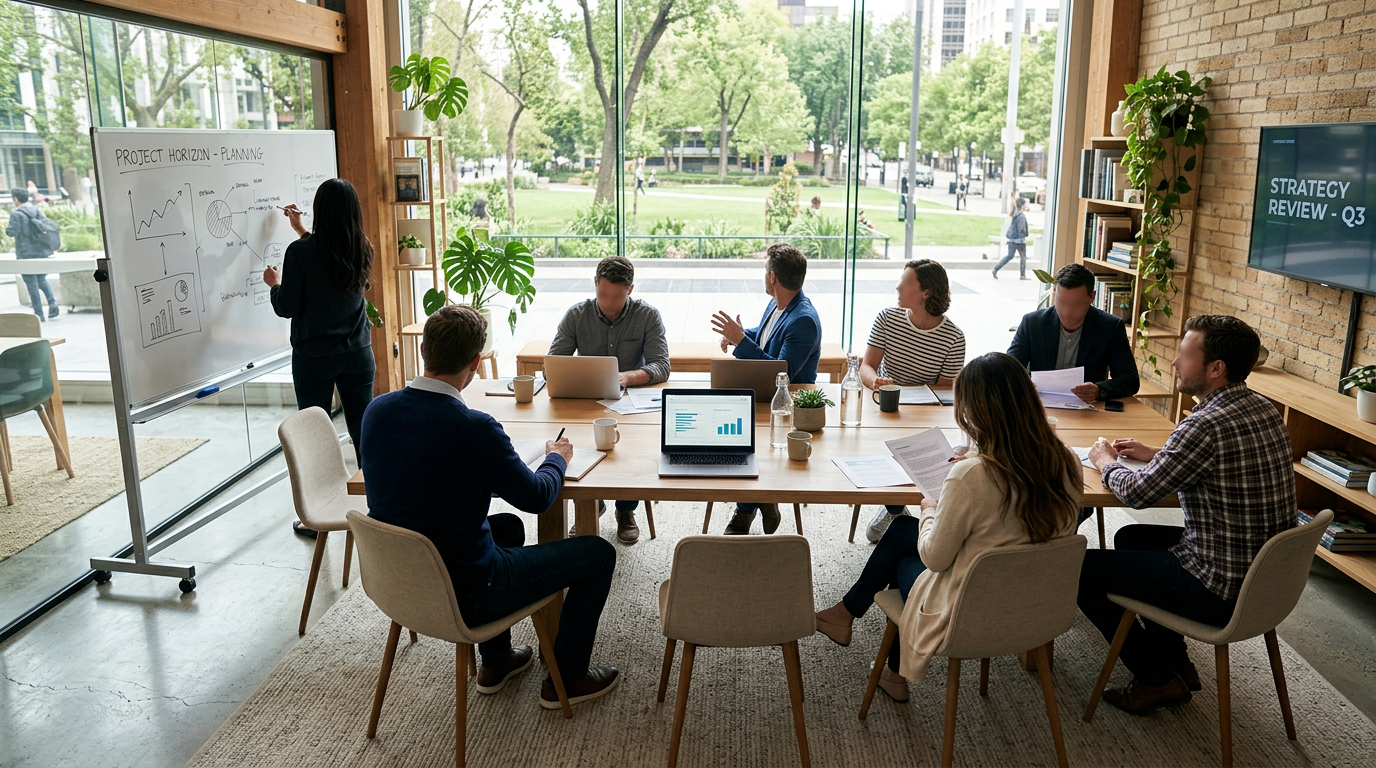 Group of professionals in a meeting room discussing project planning with charts on whiteboard and laptop.