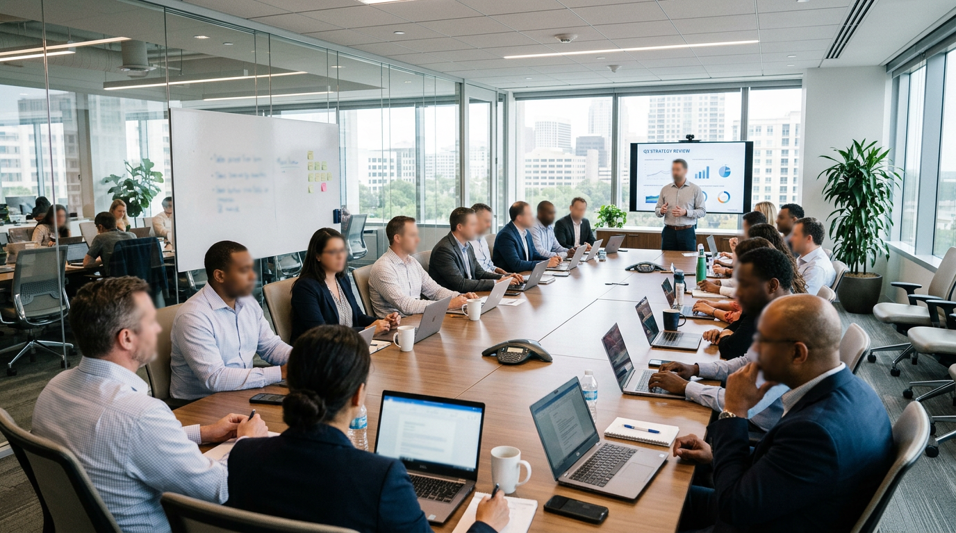 Business professionals seated around a large conference table with laptops during a presentation