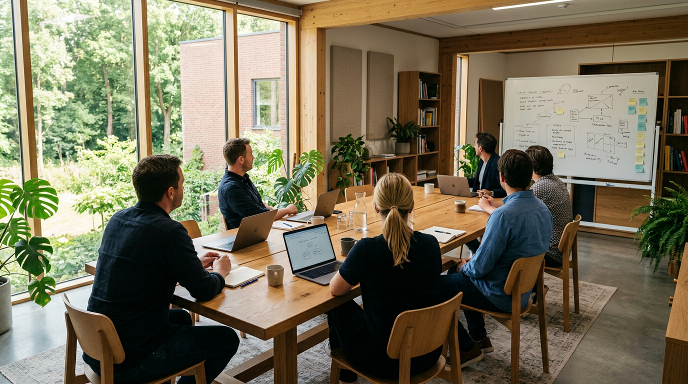 Six people in a meeting room looking at a whiteboard with diagrams and notes