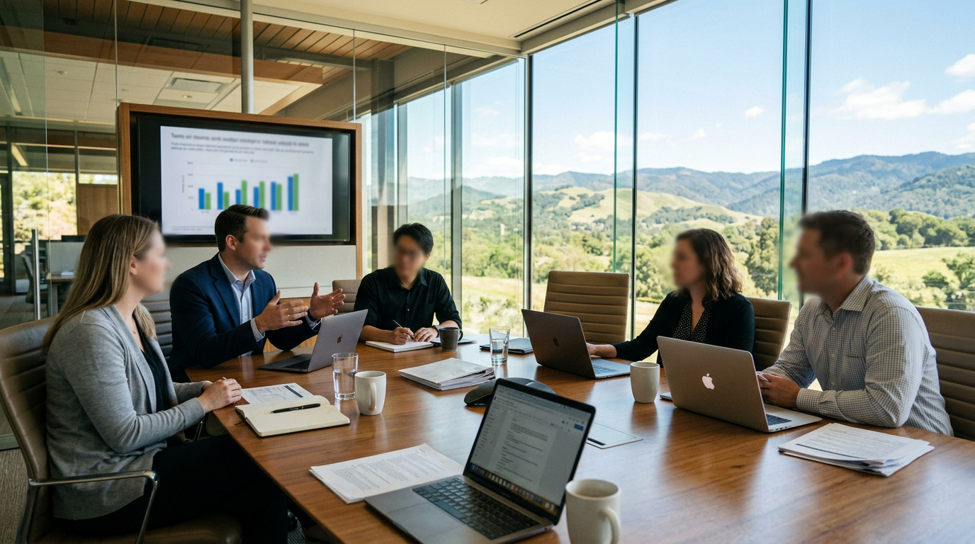 Five professionals in a conference room discussing work around a table with laptops and documents