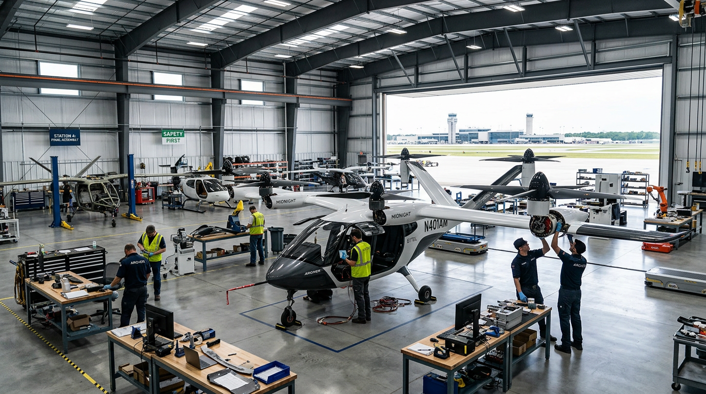 Technicians performing maintenance on electric vertical takeoff aircraft in a hangar