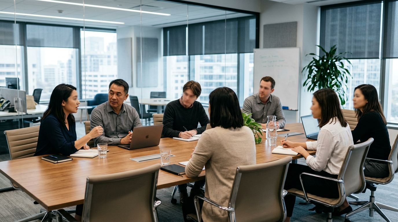 Seven professionals sitting around a conference table in a modern office discussing work