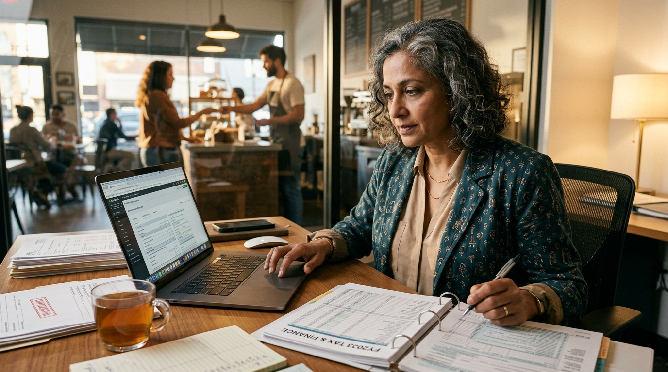 Woman working on tax and finance documents with laptop and paperwork in café