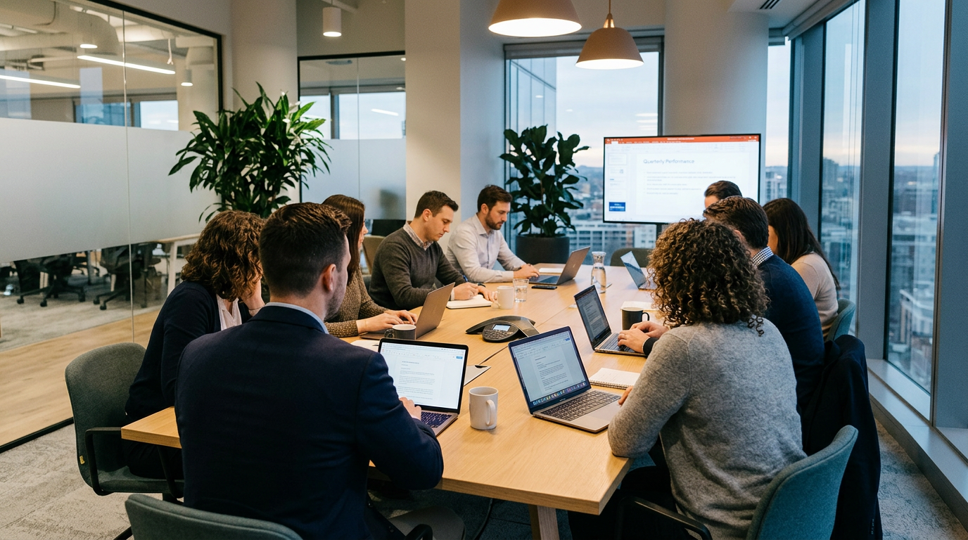 Eight business people in a meeting around a conference table with laptops and a presentation screen