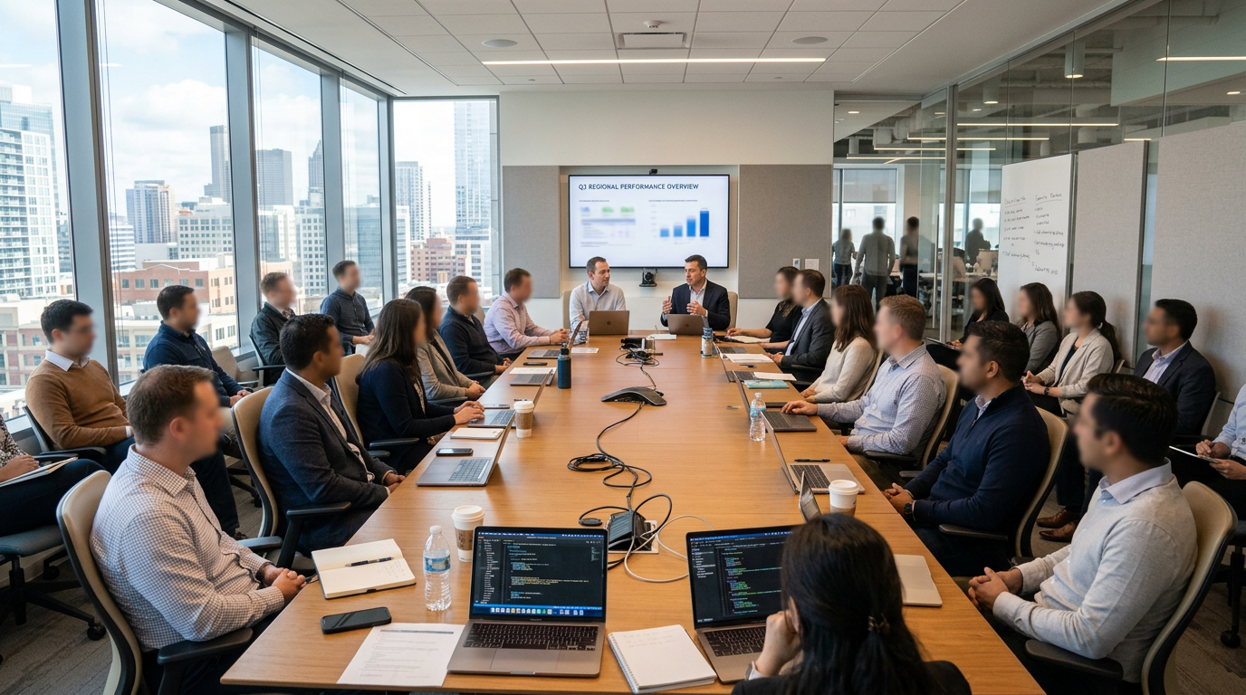 Business professionals seated around a large conference table with laptops and documents discussing performance data on a screen