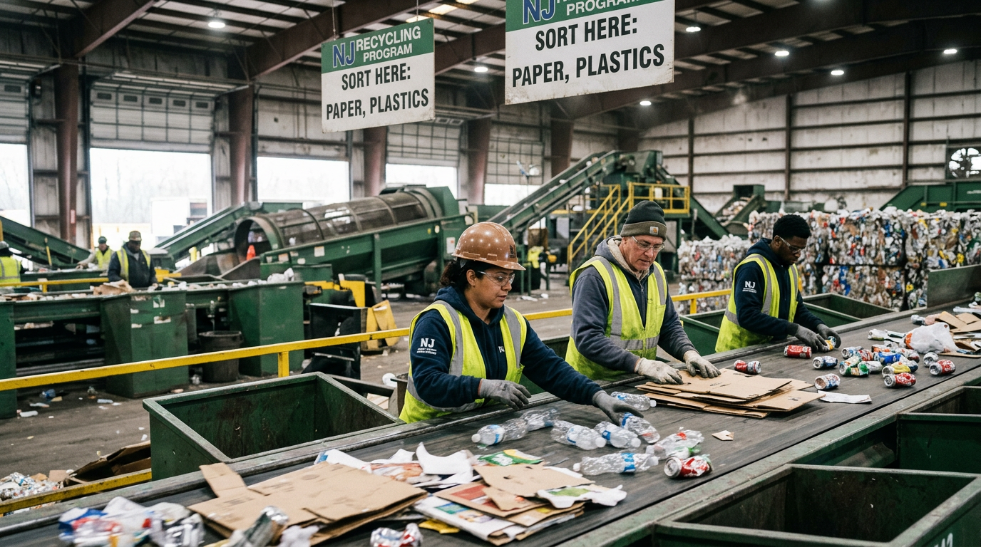 Workers sorting paper and plastic bottles on a conveyor belt in a recycling facility