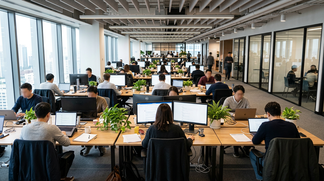 Open plan office with rows of desks, employees working on computers, and plants