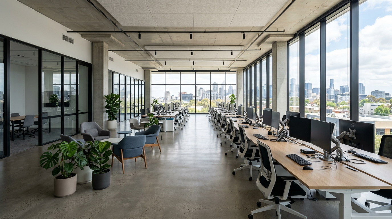 Open-plan office with rows of desks, computers, and large windows showing city skyline