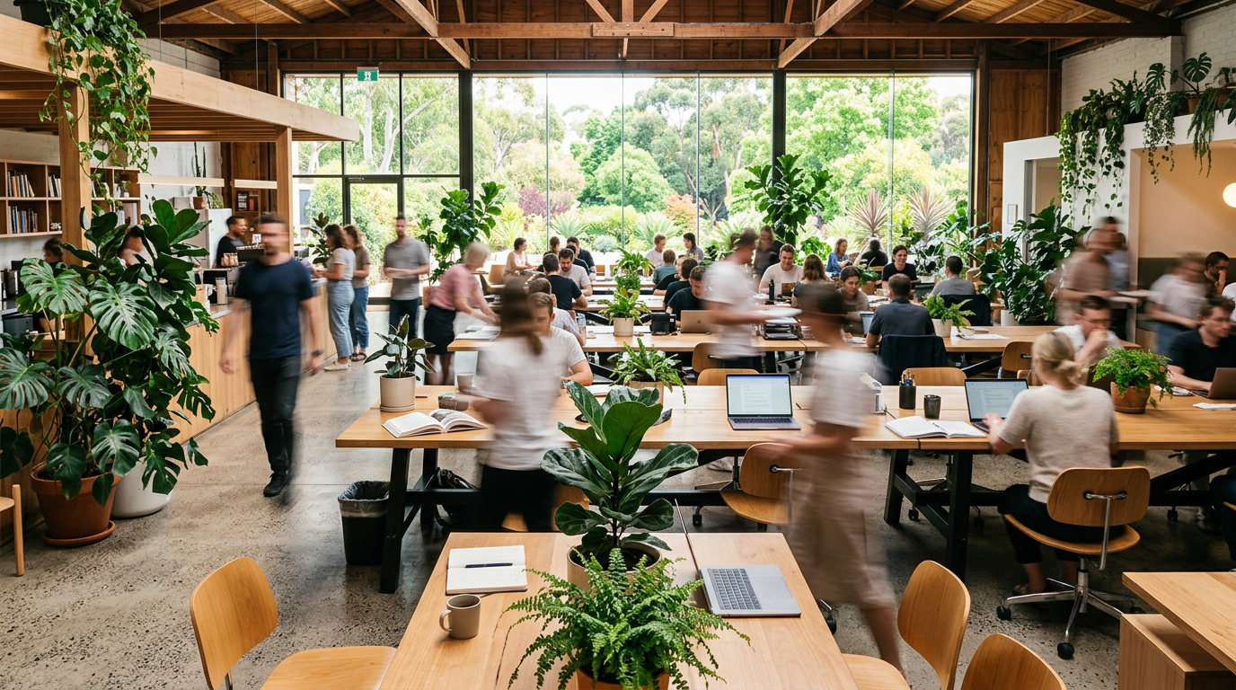 Busy coworking space with people working at desks amid many green plants