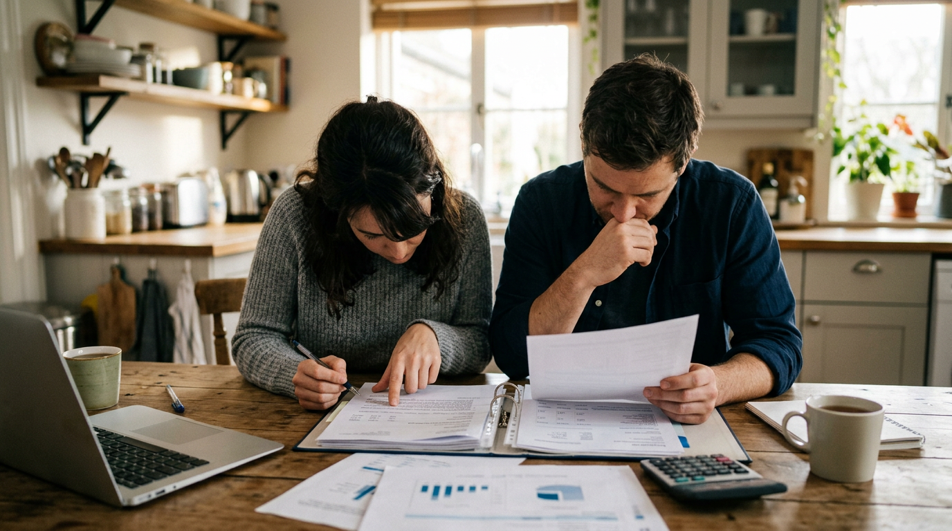 Couple sitting at a kitchen table reviewing financial documents and charts with a calculator and laptop nearby