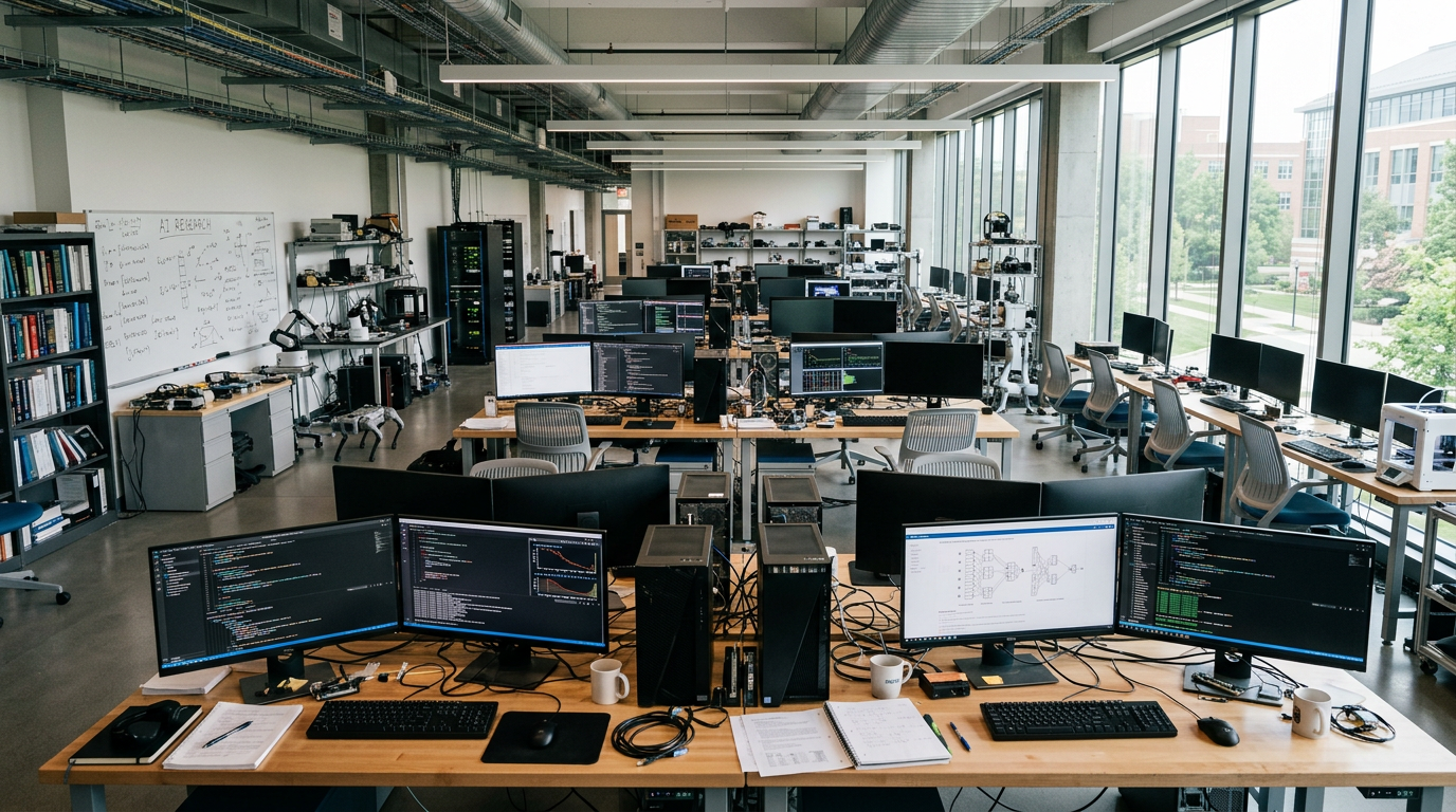 Open workspace with multiple computer monitors displaying code and neural networks in an AI research lab