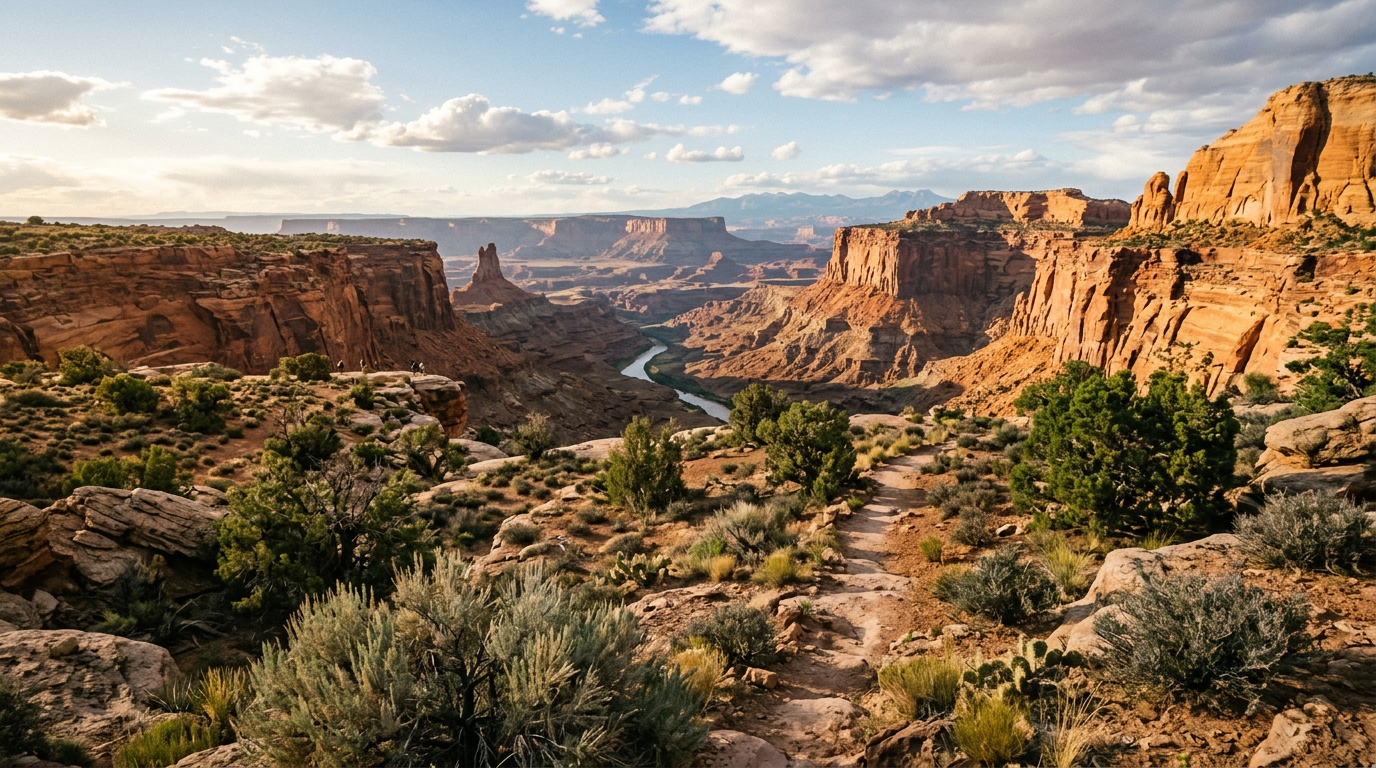 Desert canyon landscape with winding river and reddish cliffs