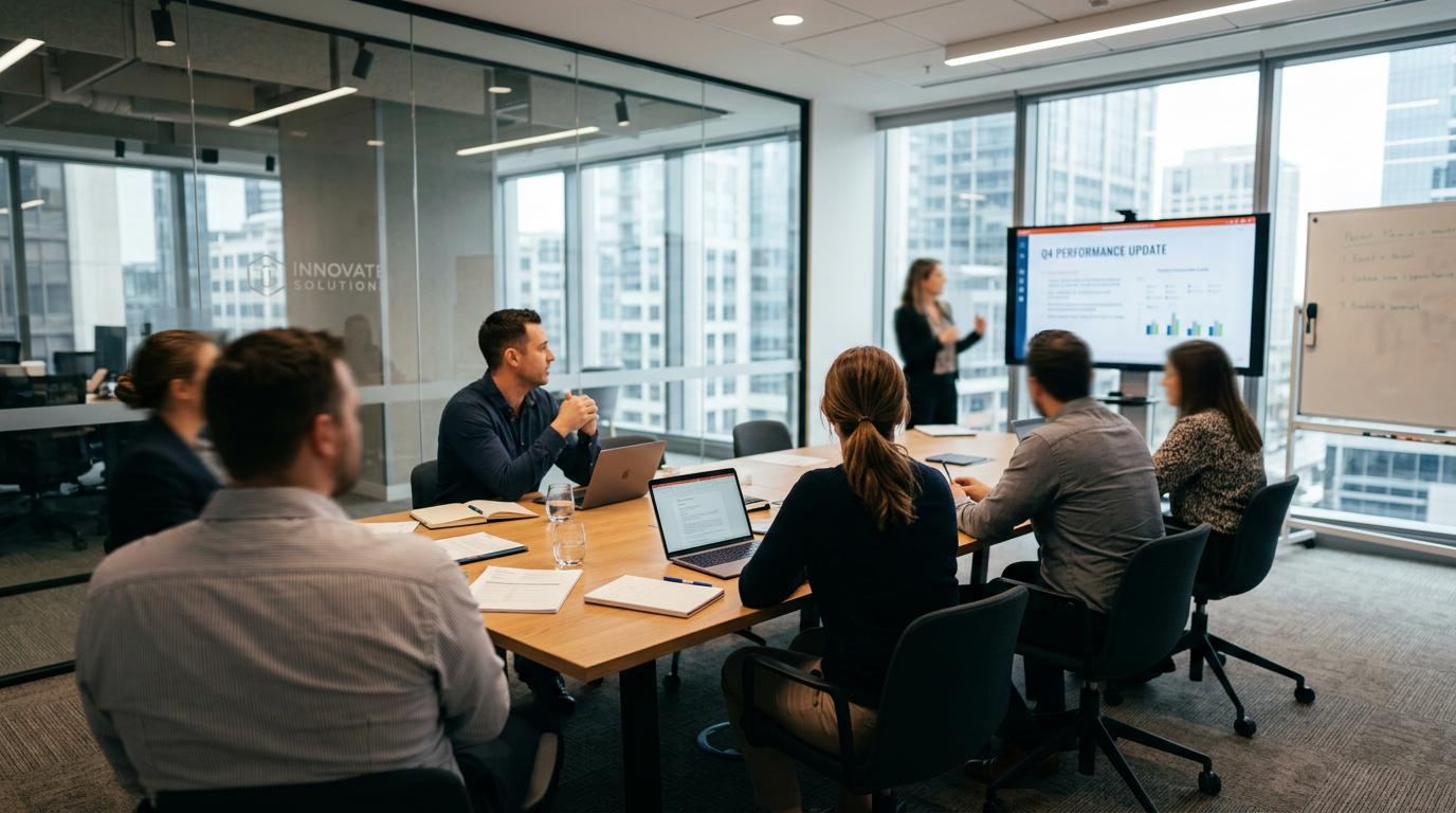 Business team in conference room watching Q4 performance presentation