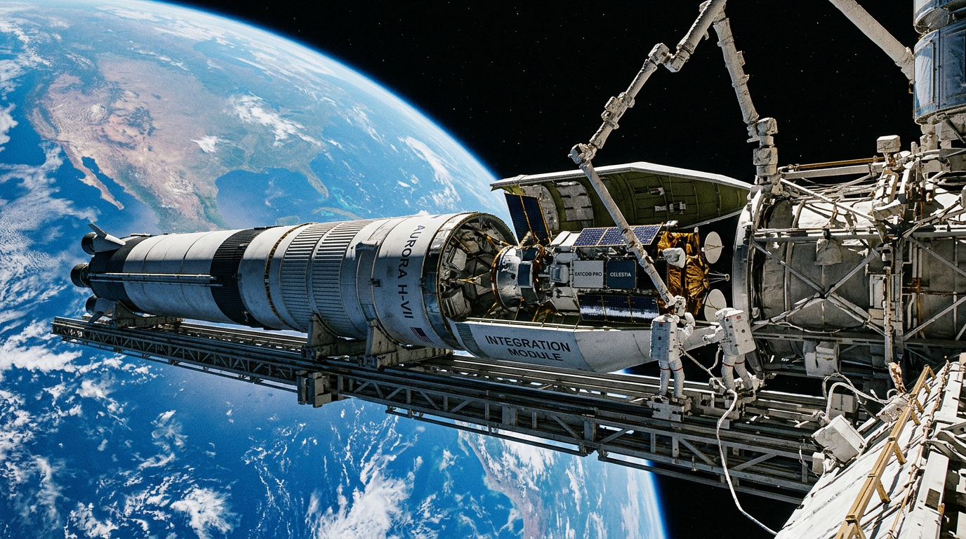 Two astronauts in space suits installing a satellite in the integration module of a spacecraft with Earth visible in the background