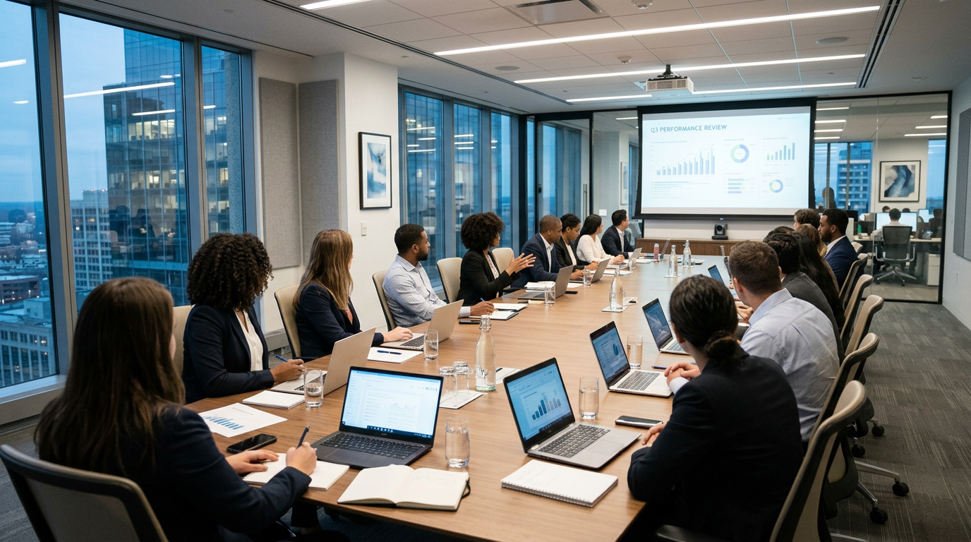 Business team in a conference room reviewing quarterly performance charts