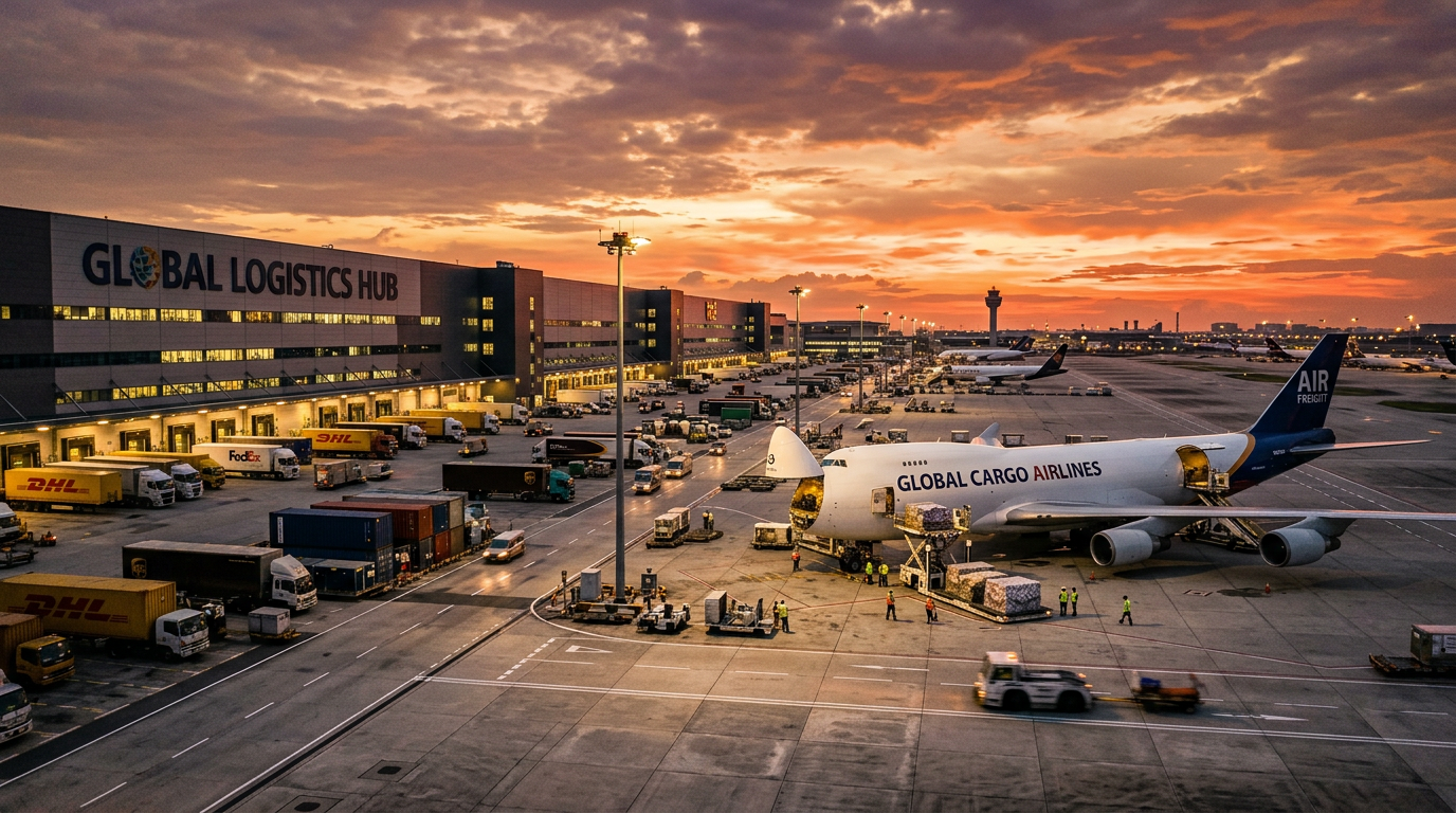 Cargo aircraft and trucks loading freight at a logistics hub at sunset