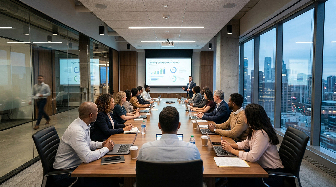 Business team seated around a conference table watching a market analysis presentation on a screen