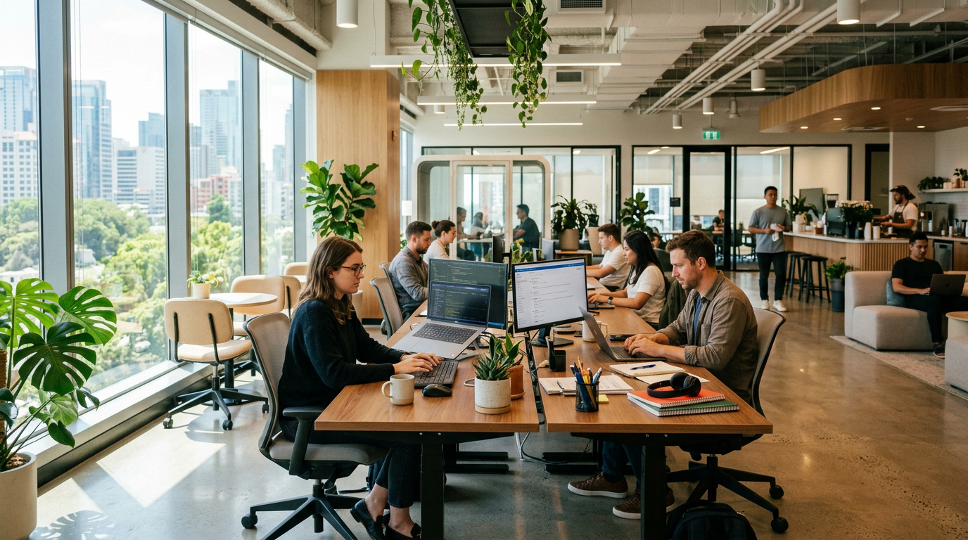 Several people using laptops and monitors at shared desks in a bright office