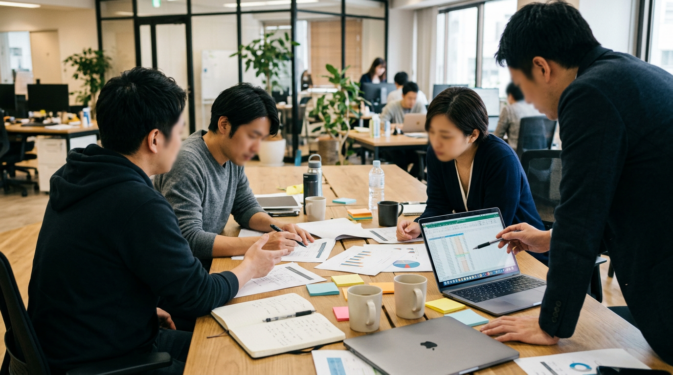 Four people working together with documents and laptop spreadsheets in an office