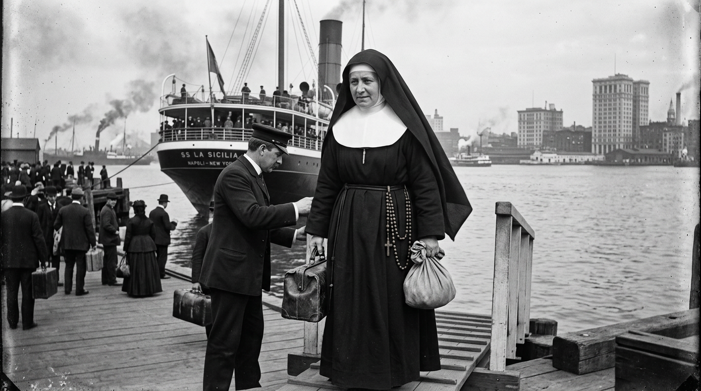 Nun holding luggage on dock near SS La Sicilia ship with port workers and passengers