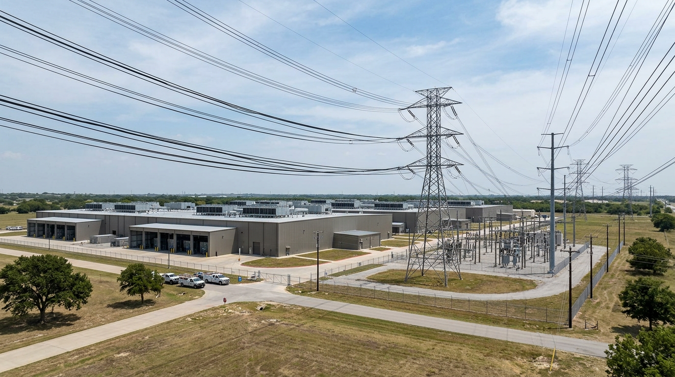 Data center building next to electrical substation and power transmission towers