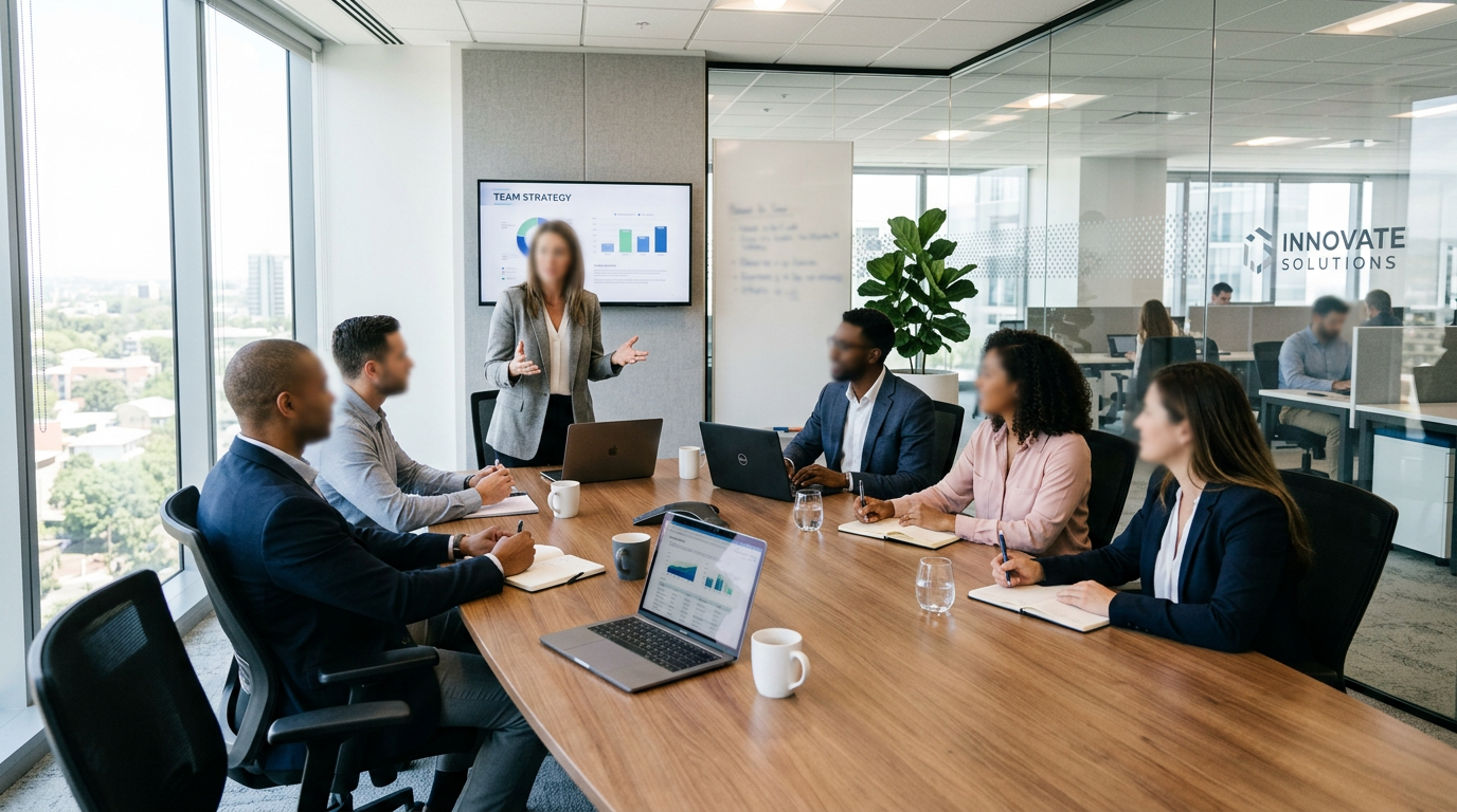 Business team in a conference room discussing strategy with charts on screen