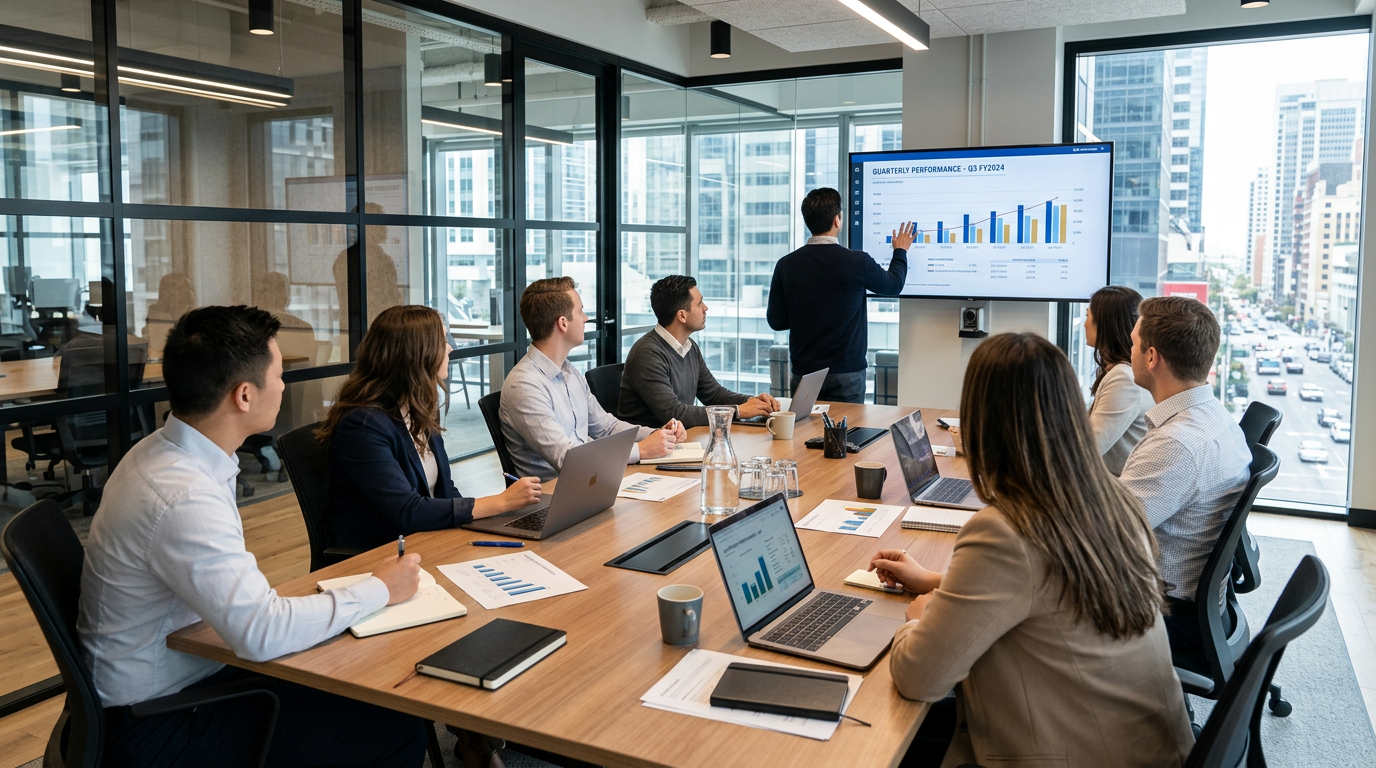 Business team in a conference room analyzing quarterly performance charts