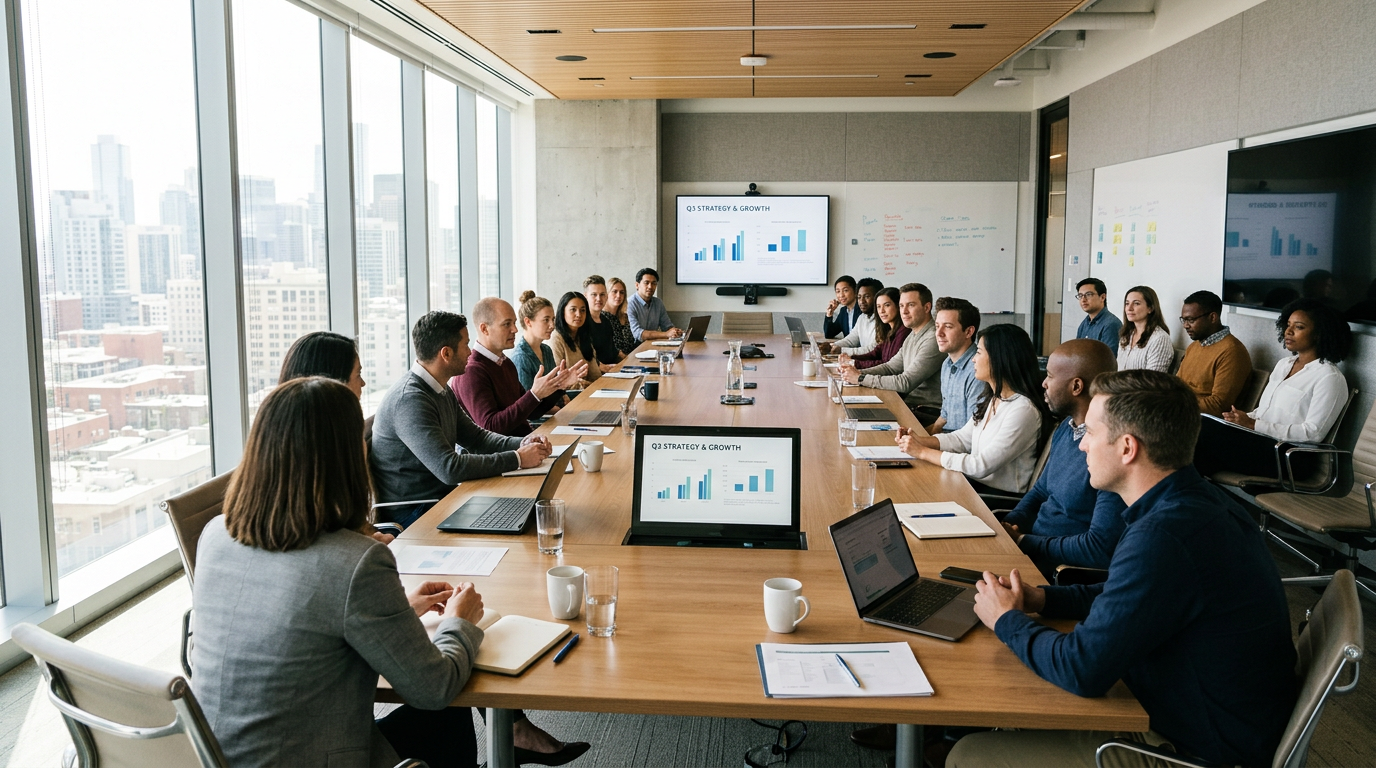 Diverse group of business professionals in a conference room attending a strategy and growth presentation with charts displayed on screens.