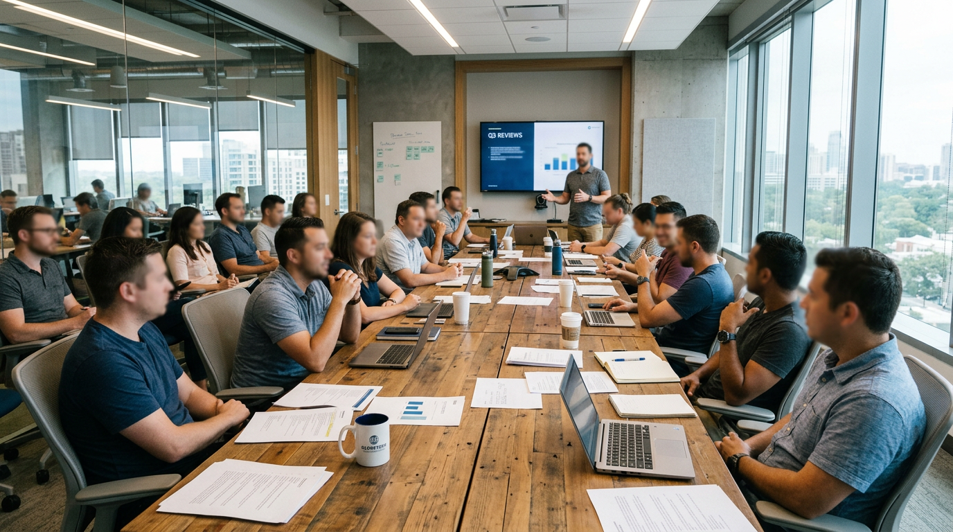 Team of people in a conference room attending a presentation on quarterly reviews with charts on screen