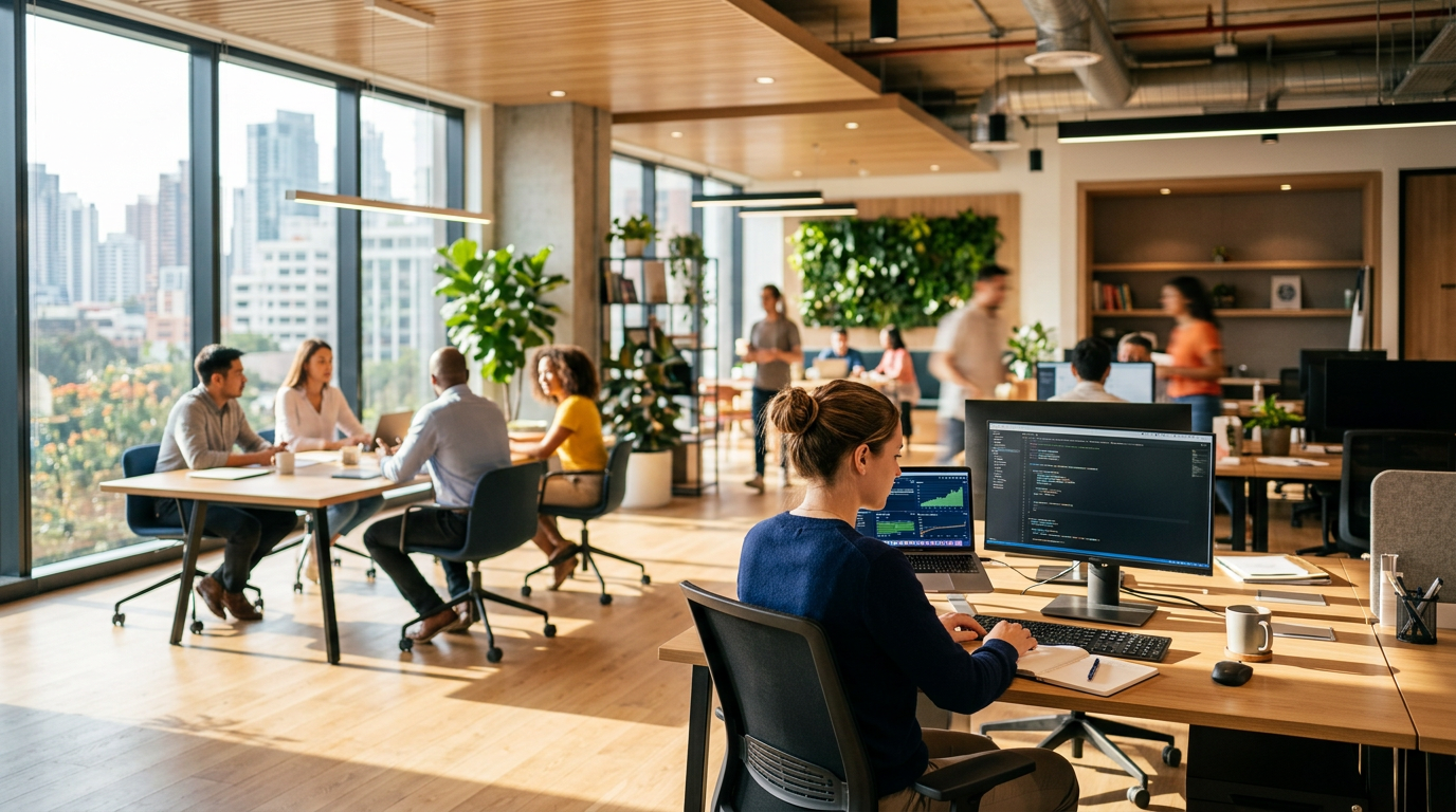People working and discussing projects in a modern bright open office with large windows
