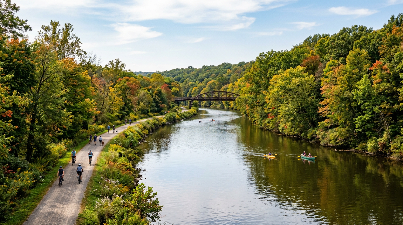 People biking and walking on a path alongside a river with kayakers on the water and trees showing early fall colors