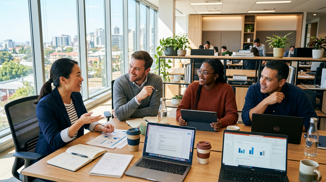 Four colleagues discussing work at an office table with laptops, notebooks, and tablets