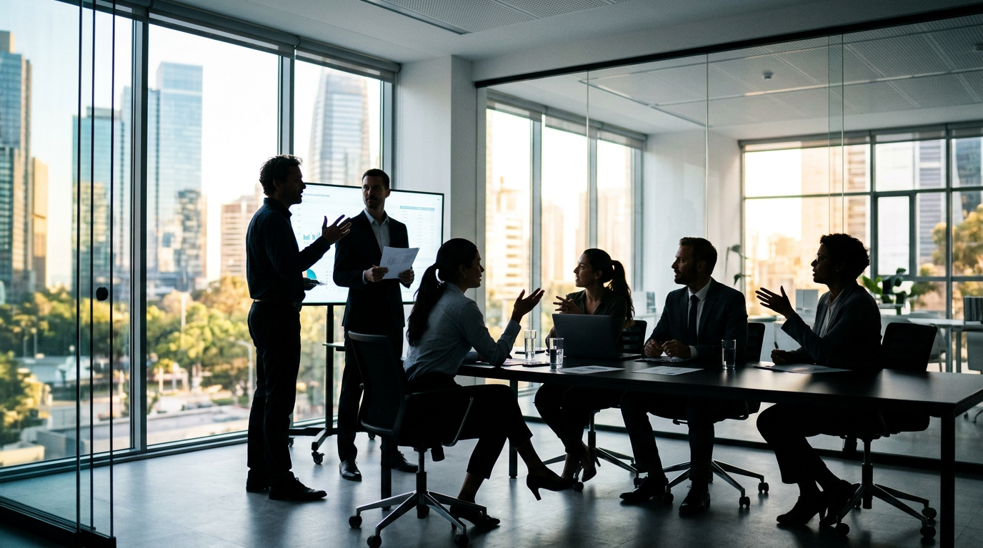 Business team meeting and discussion in modern office with large windows showing city skyline