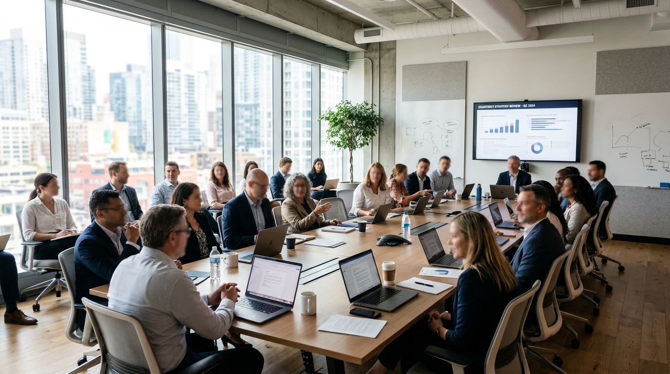 Business meeting with people around conference table and data charts on screen