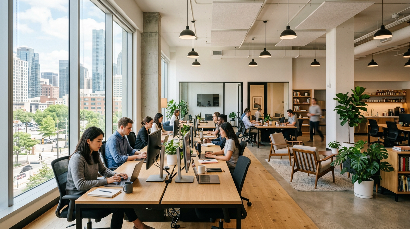 People working at desks with computers in an open office with large windows showing city view