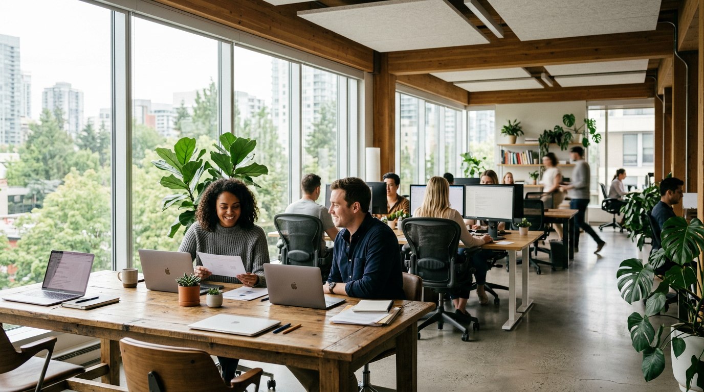 People working and collaborating in a modern open office with large windows and plants