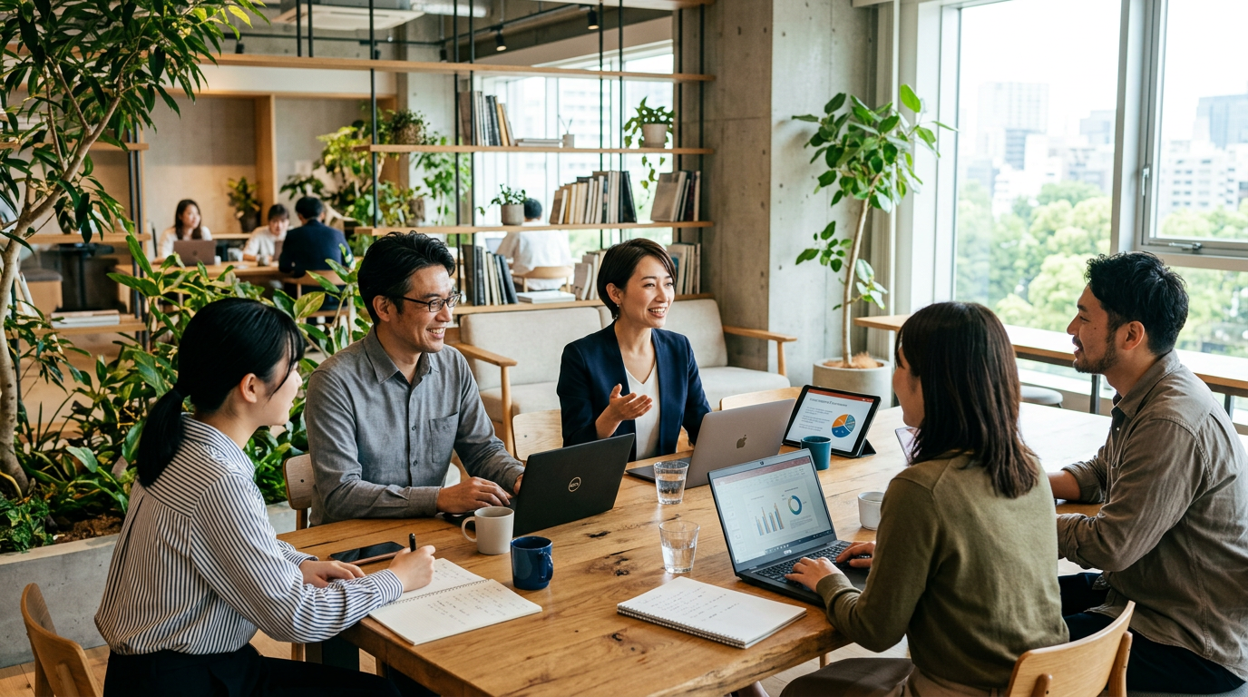 Five colleagues discussing work at a wooden table with laptops and notebooks in a bright office