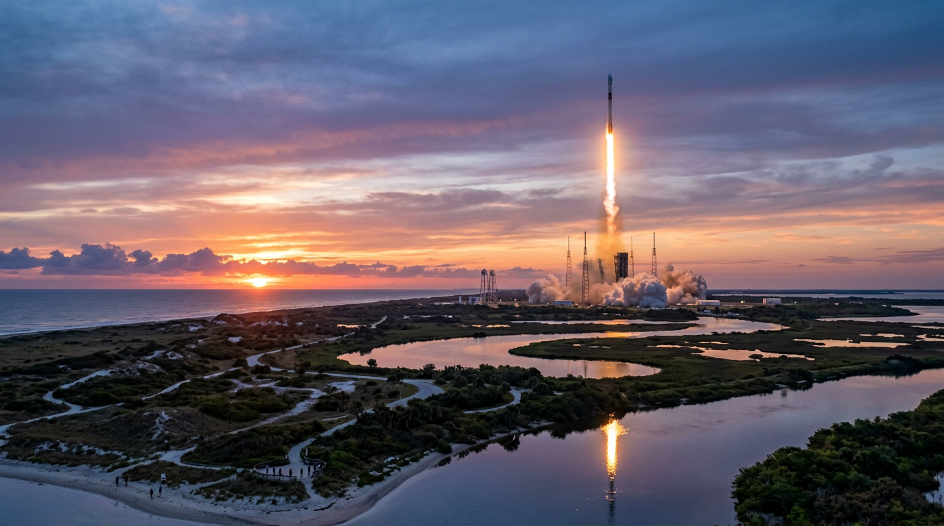 Rocket launching with smoke plume at sunset over water and greenery