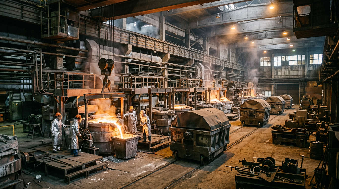 Workers in protective gear pouring molten metal into a casting container inside a large industrial steel foundry