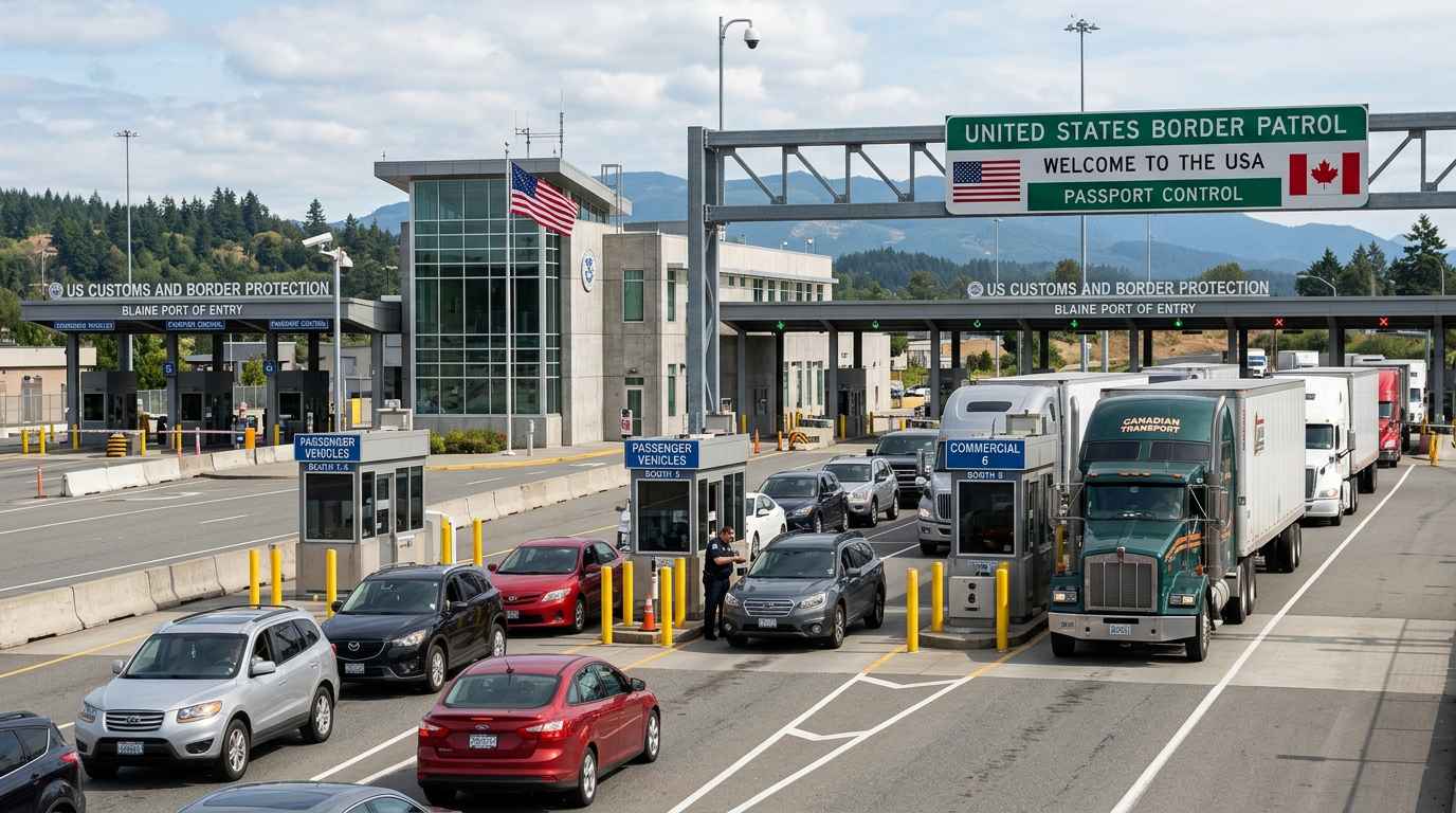 US Customs and Border Protection checkpoint with lanes for passenger vehicles and commercial trucks at Blaine Port of Entry
