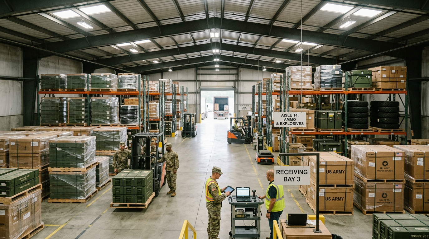 Military personnel operating forklifts and checking inventory in a warehouse