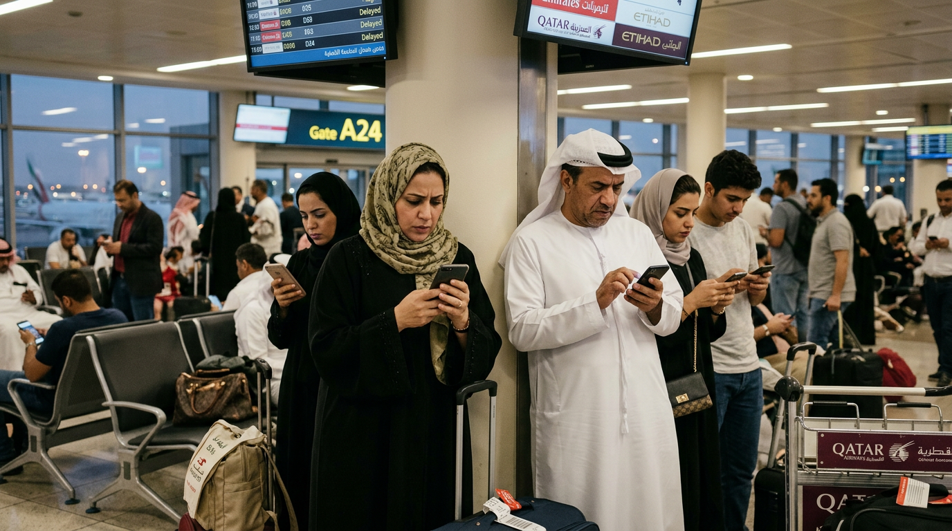 Passengers standing and sitting in an airport gate area, looking at their mobile phones