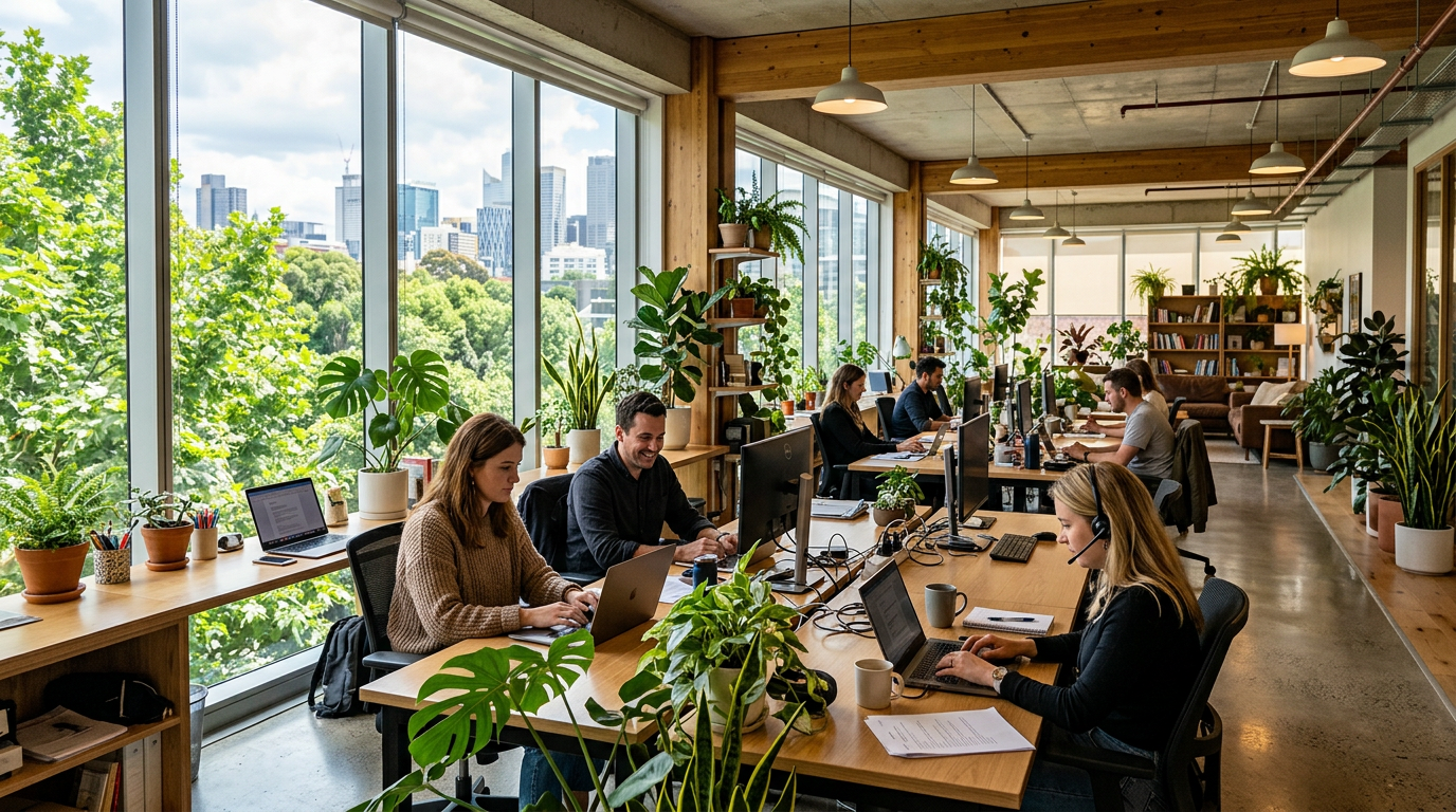 Employees working at desks in a bright modern office with large windows and many green plants